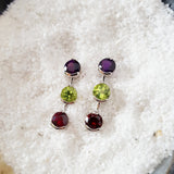 Three Stone Arizona Amethyst, Peridot, and Garnet Earrings