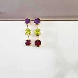 Three Stone Arizona Amethyst, Peridot, and Garnet Earrings