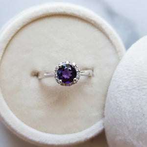 "Calista" 14k White Gold Arizona Amethyst Halo Ring
