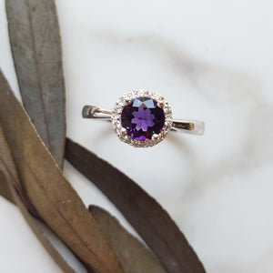 "Calista" 14k White Gold Arizona Amethyst Halo Ring